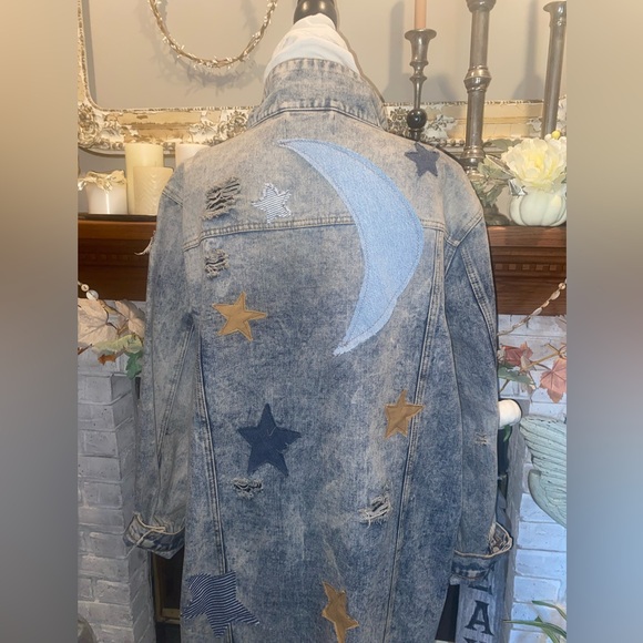 Vintage Upcycled Maxi Denim Jacket Primitive Moon & Stars Boho Shabby Country 3X - Picture 4 of 16